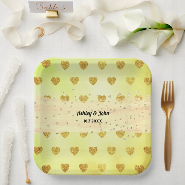 Assiettes En Carton Cœurs de paillettes jaunes Mariage Anniversaire (Mariage)