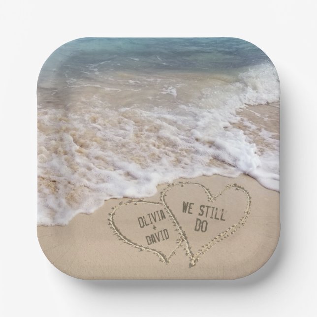 Assiettes En Carton Coeurs de plage mariages avec noms (Recto)