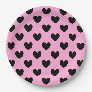 Assiettes En Carton Coeurs de polka noir sur coton bonbon rose