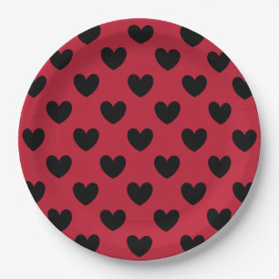 Assiettes En Carton Coeurs de polka noir sur rouge