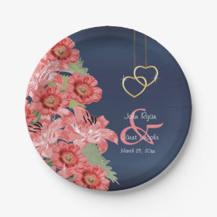 Assiettes En Carton Coeurs d'or sur le corail et la satin de marine