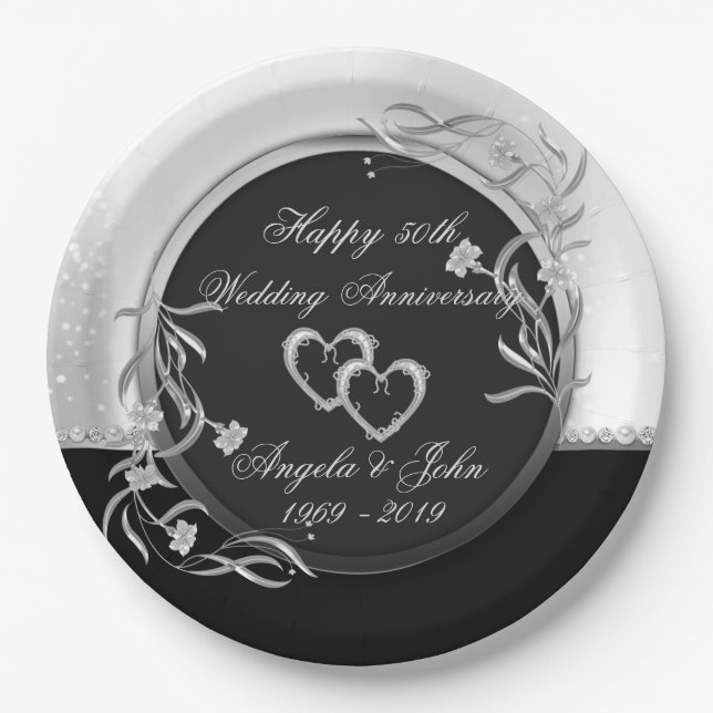 Assiettes En Carton Coeurs, Floral Argent Mariage Anniversaire (Devant)