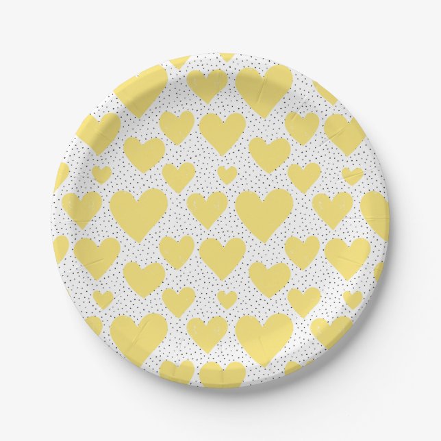 Assiettes En Carton Coeurs Jaunes mignons et Confetti Parti Motif (Devant)