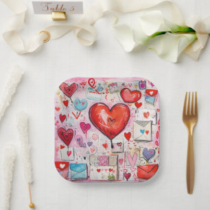 Assiettes En Carton Coeurs lunaires et lettres d'amour Motif