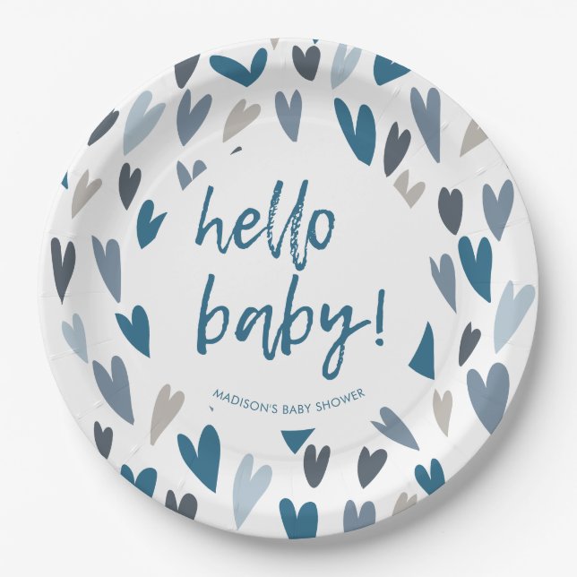 Assiettes En Carton Coeurs modernes Blue Boy Baby shower Party (Devant)