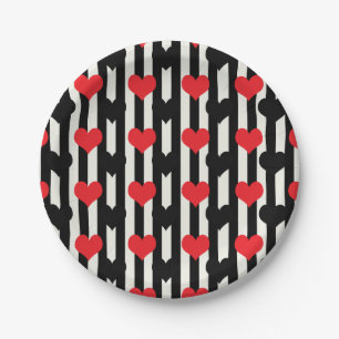 Assiettes En Carton Coeurs Noirs Rouges Sur Bandes Blanches Noires
