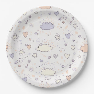 Assiettes En Carton Cœurs pastel et nuages Aquarelle Rêve (7)