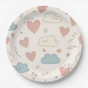 Assiettes En Carton Cœurs pastel et nuages Rêve aquarelle (10)