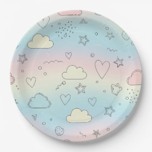 Assiettes En Carton Cœurs pastel et nuages Rêve aquarelle (8)
