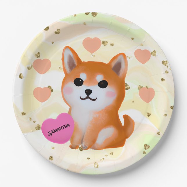 Assiettes En Carton Coeurs Shiba Inu mignons | Pour Amoureux des chien (Devant)