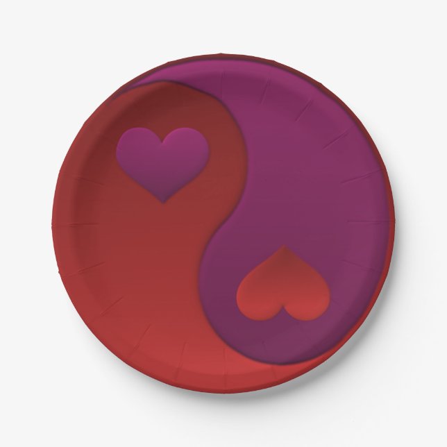 Assiettes En Carton Coeurs Yin Yang violet et rouge (Devant)