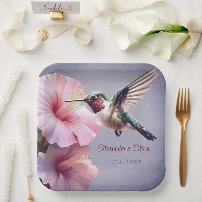 Assiettes En Carton Colibri et Mariage d'Hibiscus | Pourpre (Mariage)