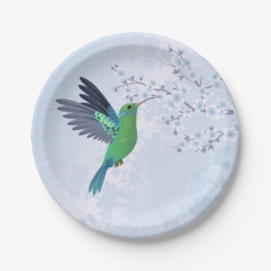 Assiettes En Carton Colibri Vert Avec Fleur de Cerisier Bleue