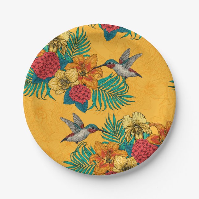 Assiettes En Carton Colibris et bouquet tropical en jaune (Devant)