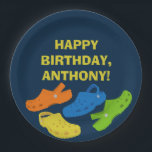 Assiettes En Carton Collage de chaussures en plastique Marine Blue Ann<br><div class="desc">Throw a fun party for kids ou adults with these personalized paper plate. These custom party feature illustrations of plastic moccasin or clogs shoes in bright colors. Lime green, bright blue, yellow and orange shoes are set against a navy blue background. Your message is spelled out in bold yellow lettering....</div>