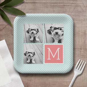 Assiettes En Carton Collage de photos de menthe et de corail Monogramm