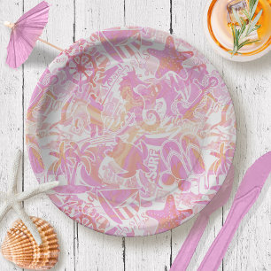 Assiettes En Carton Collage de plage nautique Hot Pink ID840