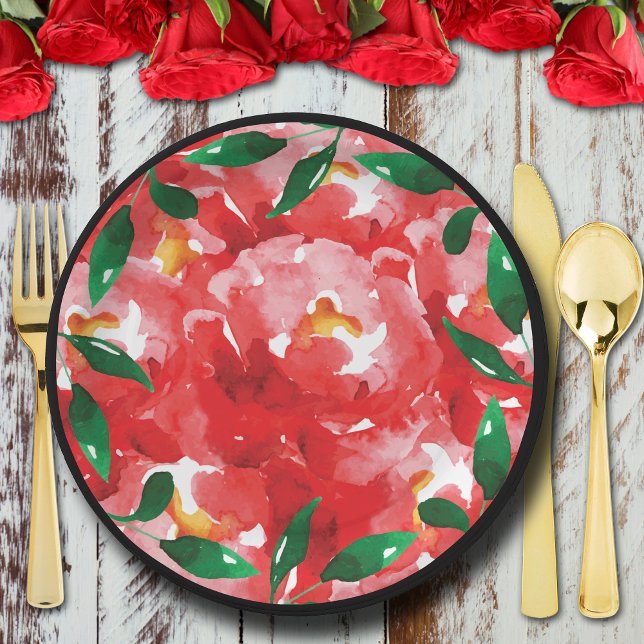 Assiettes En Carton Collage floral de roses rouges chic (Chic red roses collage floral paper plates)