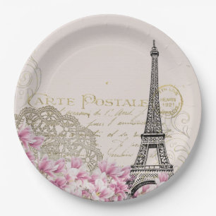 Assiettes En Carton Collage Tour Eiffel vintage avec Fleurs sauvages r