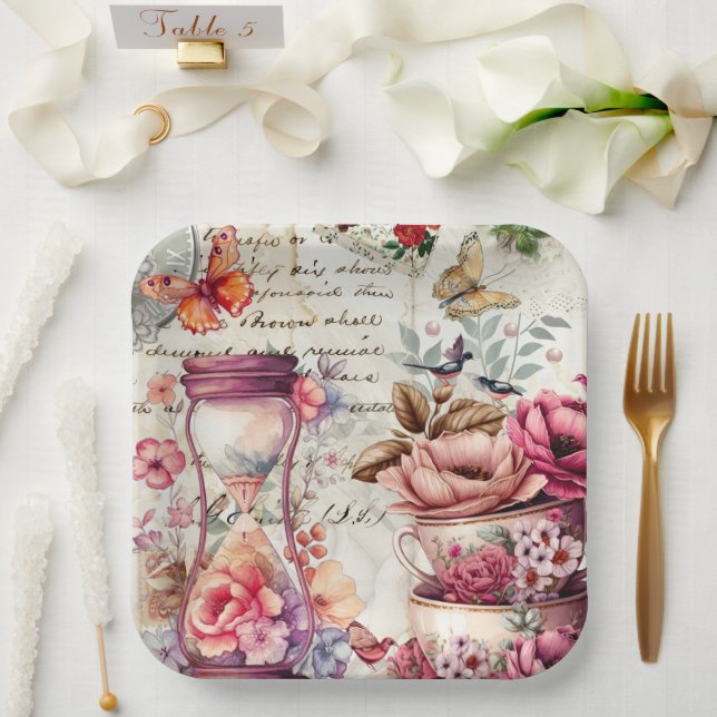 Assiettes En Carton Collage vintage aquarelle (Mariage)