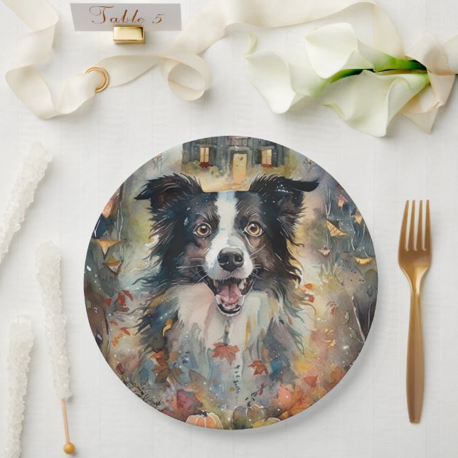 Assiettes En Carton Collie frontalier d'Halloween avec effroi Citrouil (Mariage)