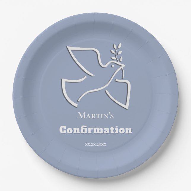 Assiettes En Carton colombe blanche fond bleu Confirmation  (Devant)