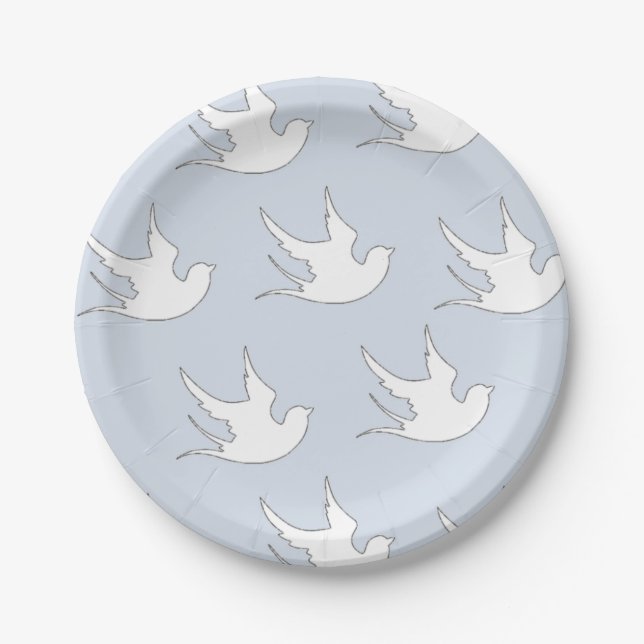 Assiettes En Carton colombes blanches sur bleu (Devant)