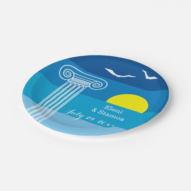 Assiettes En Carton Colonnes grecques et mouettes Mariage de plage gre (Angle)