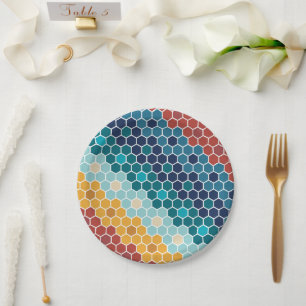 Assiettes En Carton Coloré Retro Mosaïque Florale Motif Hexagon