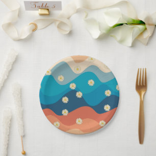 Assiettes En Carton Coloré Retro Waves & Daisies Motif