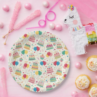 Assiettes En Carton Colorful Birthday Cakes and Balloons Paper Plates