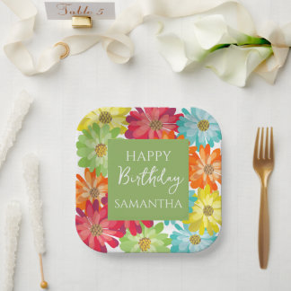 Assiettes En Carton  Colorful Flowers Happy Birthday Party 