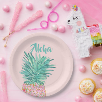 Assiettes En Carton Colorful Tropical Pineapple Monogram