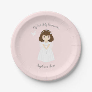 Assiettes En Carton Communion Dove Brunette Girl