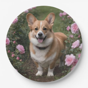 Assiettes En Carton "Compagnie de charme : Un Corgi dans un jardin ros
