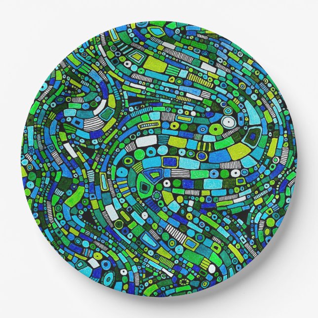 Assiettes En Carton Conception Abstraite Vagues Formes Bleu Vert (Devant)