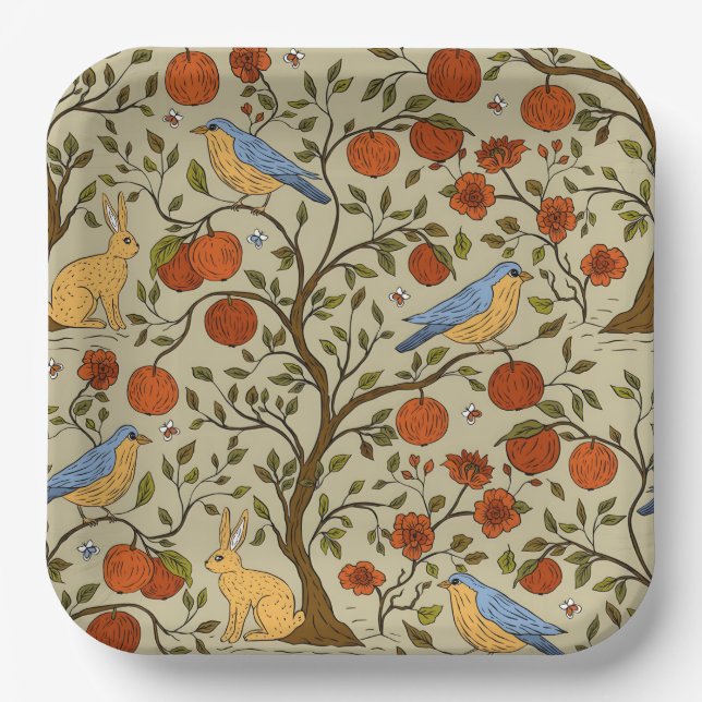 Assiettes En Carton Conception d'arbres bruns avec des pommes orange é (Recto)