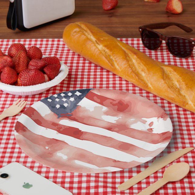 Assiettes En Carton Conception de drapeau américain à l'aquarelle (Pique-nique)