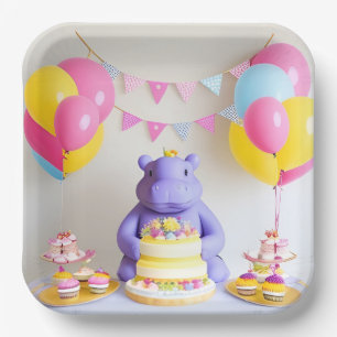 Assiettes En Carton 🎉 Conception de fête d'Hippopotame Mignon Anniver