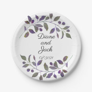 Assiettes En Carton Conception de feuille d'aquarelle Mariage violet