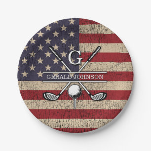 Assiettes En Carton Conception de monogramme de golf avec drapeau amér