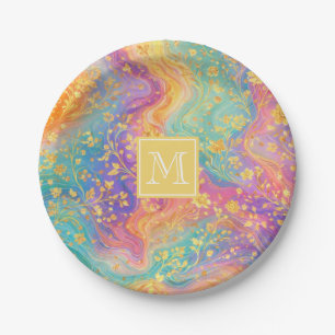 Assiettes En Carton Conception de monogramme floral abstrait moderne p