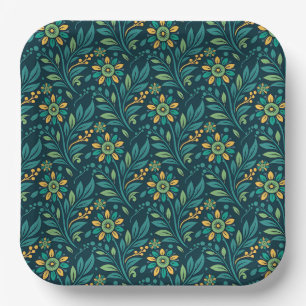 Assiettes En Carton Conception de motif floral élégant jaune et sarcel