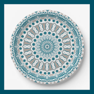 Assiettes En Carton Conception de motif mandala sarcelle et ivoire