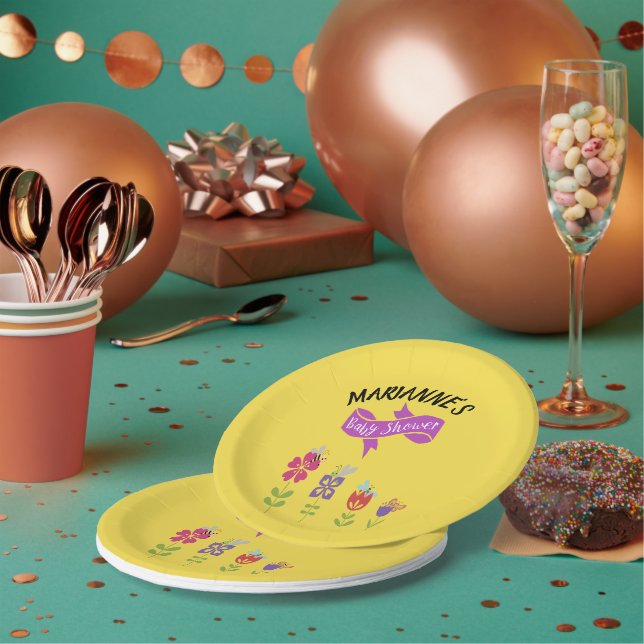 Assiettes En Carton Conception Fleur et Insectes Jaune Design Nom (Multi)