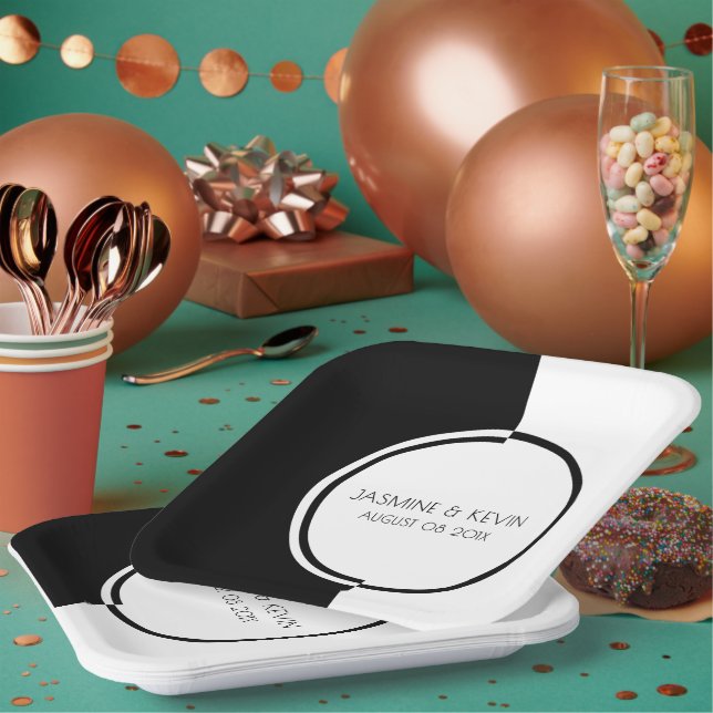 Assiettes En Carton Conception géométrique moderne blanc et noir (Multi)