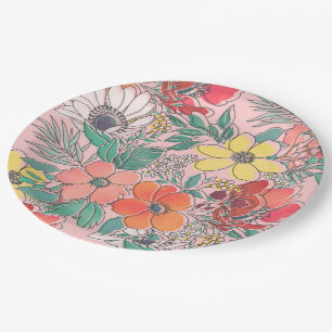 Assiettes En Carton Conception tirée par la main florale rose girly