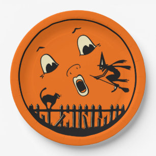 Assiettes En Carton Conception vintage de lune de Halloween - chat