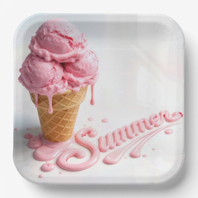 Assiettes En Carton Cône de glace rose d'été (Recto)