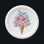 Assiettes En Carton Cône rose Sakura crème glacée gaufre<br><div class="desc">Cône gaufre douce avec fleurs de cerisier japonais rose frais sur arrière - plan blanc avec stries d'aquarelle bleue. Cerise japonaise rose.</div>